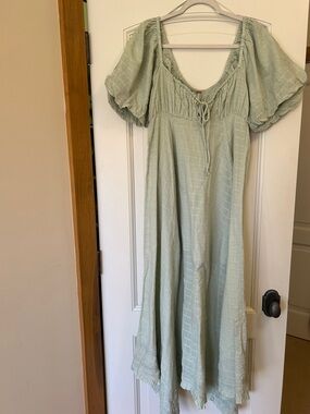 Free People Light Sage Green Windowpane Puff-Sleeve Maxi Dress Hanker-chief hem